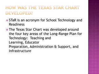 How was the texas star chart developed?STaR is an acronym for School Technology and ReadinessThe Texas Star Chart was developed around the four key areas of the Long-Range Plan for Technology: Teaching and Learning, Educator Preparation, Administration & Support, and Infrastructure
