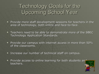 Technology Goals for the Upcoming School Year Provide more staff development sessions for teachers in the area of technology, both online and face-to-face. Teachers need to be able to demonstrate more of the SBEC Technology Application Standards. Provide our campus with internet access in more than 50% of the classrooms. Increase our number of technical staff on campus. Provide access to online learning for both students and teachers. 