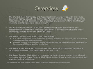 Overview The STaR (School Technology and Readiness) Chart was developed by the Texas Education Agency Educational Technology Advisory Committee (ETAC) as an online resource tool for self-assessment of our campus’ and districts’ efforts to effectively integrate technology across the curriculum. The  No Child Left Behind Act of 2001 , emphasizes student achievement and assessment of fundamental knowledge and skills. It also requires students to be technology literate by the end of the 8 th  Grade. The Texas Campus STaR Chart does the following: It is a tool designed for use in technology planning, budgeting for resources, and evaluation of progress in local technology projects.  Produces a profile for our campus’ status toward reaching the goals of the Long Range Plan for Technology (LRPT) and No Child Left Behind. The Texas Public Star Chart Is an online tool to allow all stakeholders to view the technology readiness of all campuses across the state. The Texas Teacher STaR Chart is completed by the individual teachers models and correlates with the Texas Campus STaR Chart. It also draws a variety of national and state technology guidelines. * This information was taken from the Texas Campus STaR Chart letter to all Texas Administrators. 