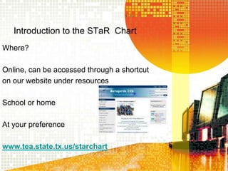 Introduction to the STaR  ChartWhere?Online, can be accessed through a shortcuton our website under resourcesSchool or homeAt your preferencewww.tea.state.tx.us/starchart
