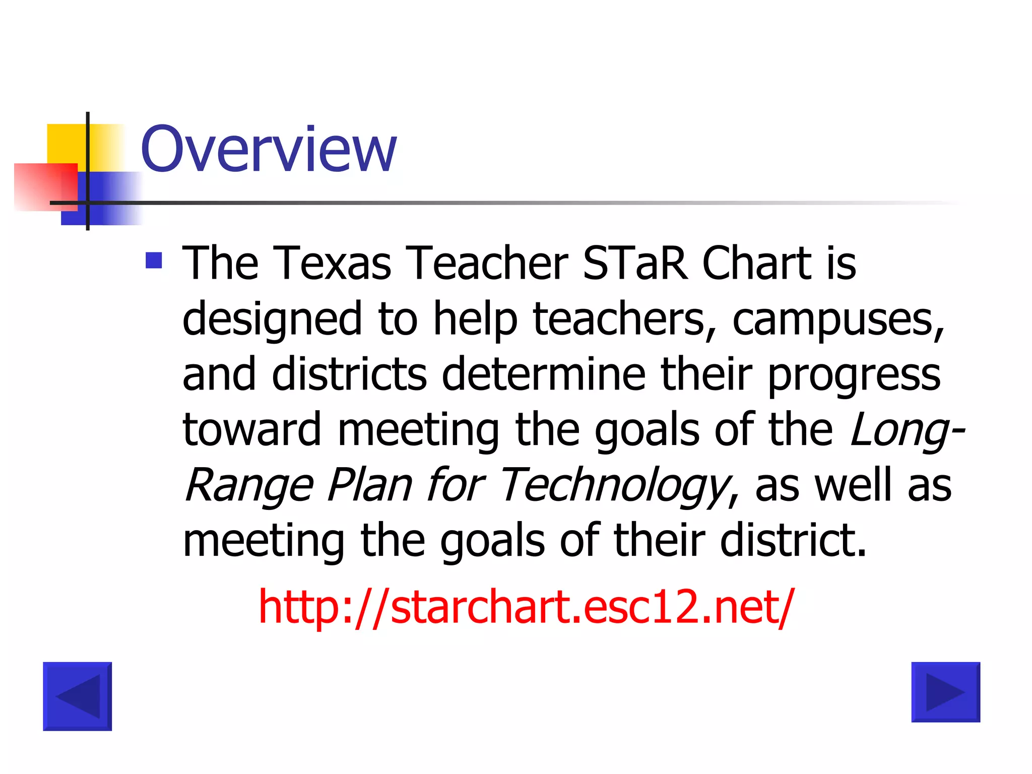 Overview The Texas Teacher STaR Chart is designed to help teachers, campuses, and districts determine their progress toward meeting the goals of the  Long-Range Plan for Technology , as well as meeting the goals of their district.  http://starchart.esc12.net/ 