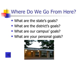 Where Do We Go From Here? What are the state’s goals? What are the district’s goals? What are our campus’ goals? What are your personal goals? 