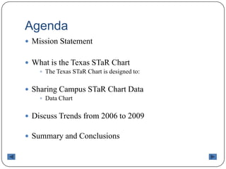 AgendaMission StatementWhat is the Texas STaR ChartThe Texas STaR Chart is designed to:Sharing Campus STaR Chart DataData ChartDiscuss Trends from 2006 to 2009Summary and Conclusions