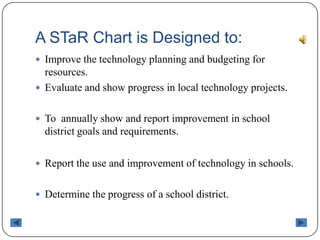 A STaR Chart is Designed to:Improve the technology planning and budgeting for resources.Evaluate and show progress in local technology projects.To  annually show and report improvement in school district goals and requirements.Report the use and improvement of technology in schools.Determine the progress of a school district.