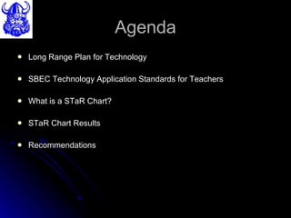 Agenda Long Range Plan for Technology SBEC Technology Application Standards for Teachers What is a STaR Chart? STaR Chart Results Recommendations 