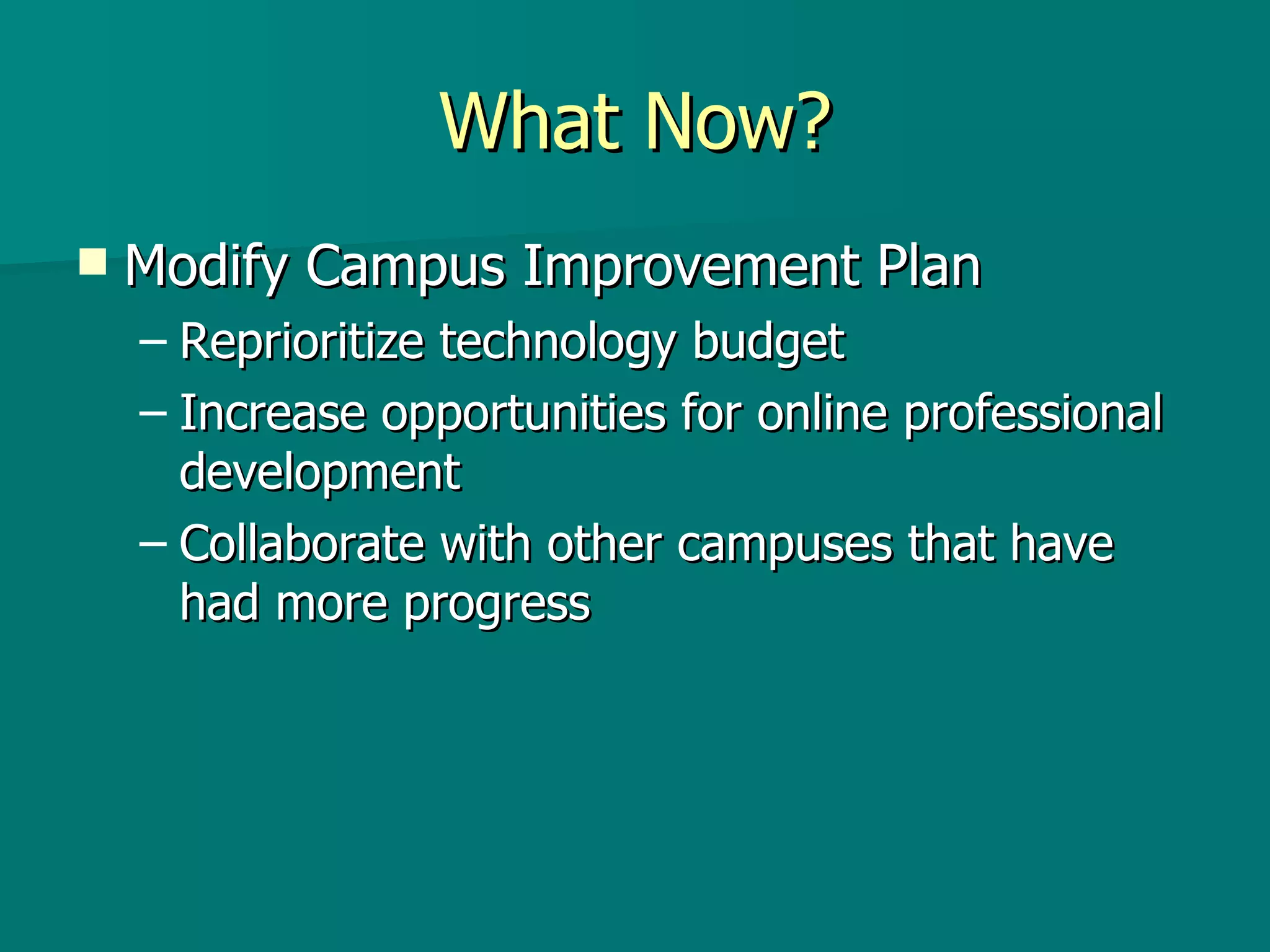 What Now? Modify Campus Improvement Plan Reprioritize technology budget Increase opportunities for online professional development Collaborate with other campuses that have had more progress 