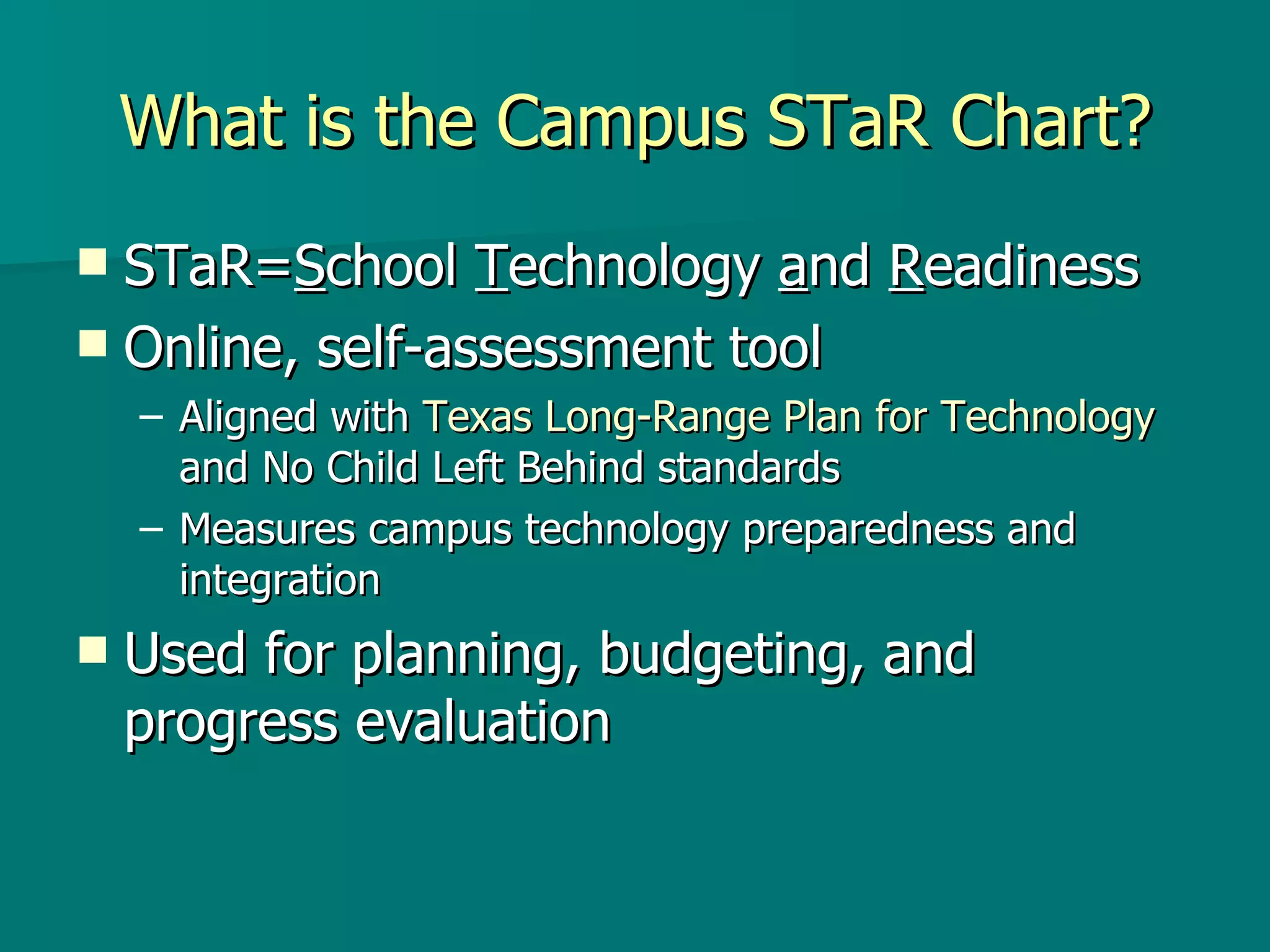 What is the Campus STaR Chart? STaR= S chool  T echnology  a nd  R eadiness Online, self-assessment tool Aligned with  Texas Long-Range Plan for Technology  and No Child Left Behind standards Measures campus technology preparedness and integration Used for planning, budgeting, and progress evaluation 