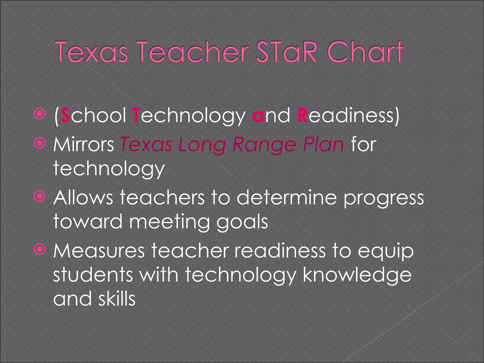 ( S chool  T echnology  a nd  R eadiness) Mirrors  Texas Long Range Plan  for technology Allows teachers to determine progress toward meeting goals Measures teacher readiness to equip students with technology knowledge and skills 