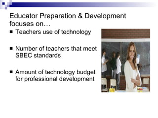 Educator Preparation & Development focuses on… Teachers use of technology Number of teachers that meet SBEC standards Amount of technology budget for professional development 