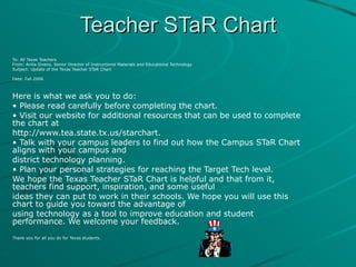 Teacher STaR Chart To: All Texas Teachers From: Anita Givens, Senior Director of Instructional Materials and Educational Technology Subject: Update of the Texas Teacher STaR Chart Date: Fall 2006 Here is what we ask you to do: •  Please read carefully before completing the chart. •  Visit our website for additional resources that can be used to complete the chart at http://www.tea.state.tx.us/starchart. •  Talk with your campus leaders to find out how the Campus STaR Chart aligns with your campus and district technology planning. •  Plan your personal strategies for reaching the Target Tech level. We hope the Texas Teacher STaR Chart is helpful and that from it, teachers find support, inspiration, and some useful ideas they can put to work in their schools. We hope you will use this chart to guide you toward the advantage of using technology as a tool to improve education and student performance. We welcome your feedback. Thank you for all you do for Texas students. 