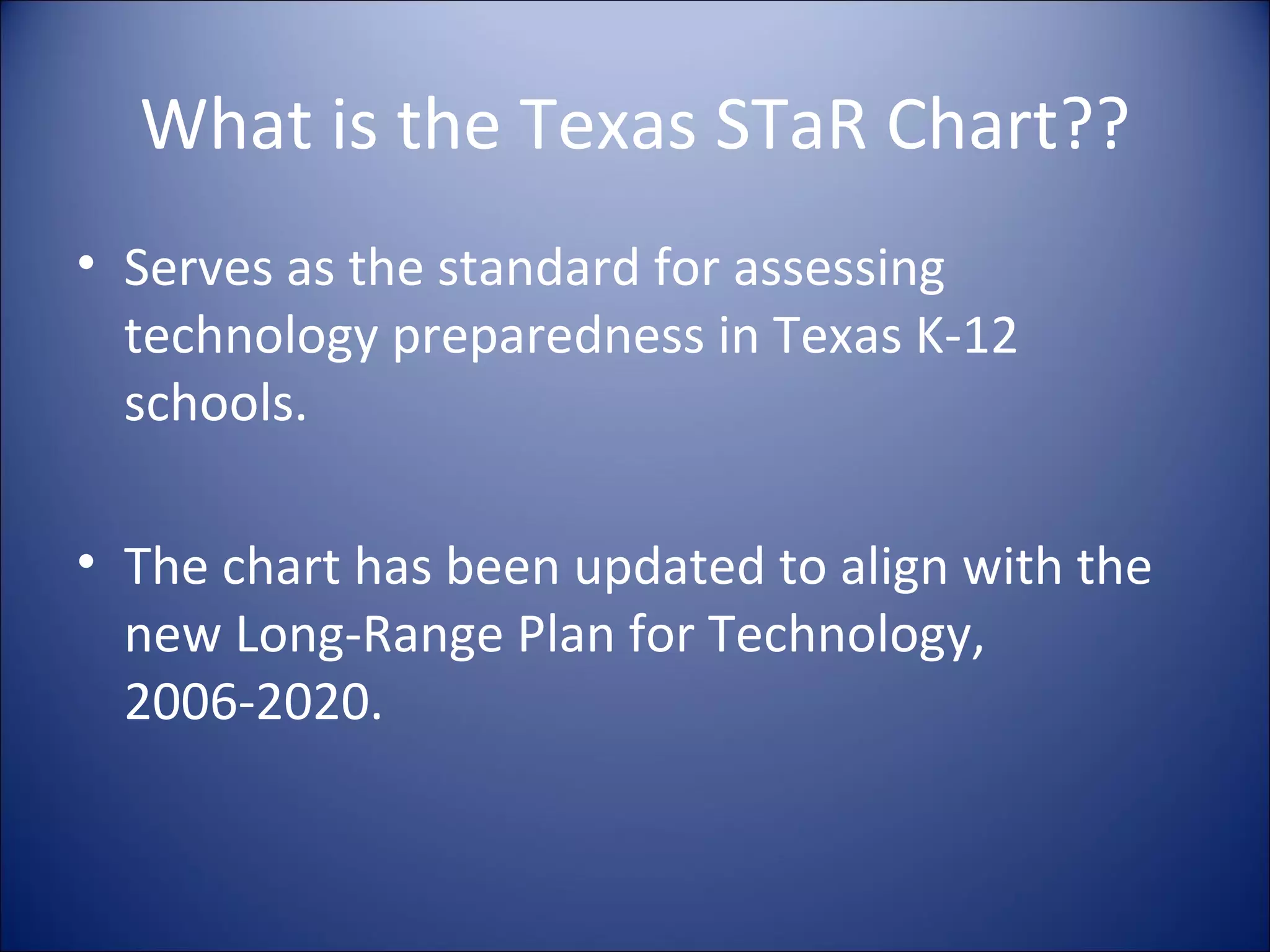 What is the Texas STaR Chart?? Serves as the standard for assessing technology preparedness in Texas K-12 schools. The chart has been updated to align with the new Long-Range Plan for Technology, 2006-2020. 
