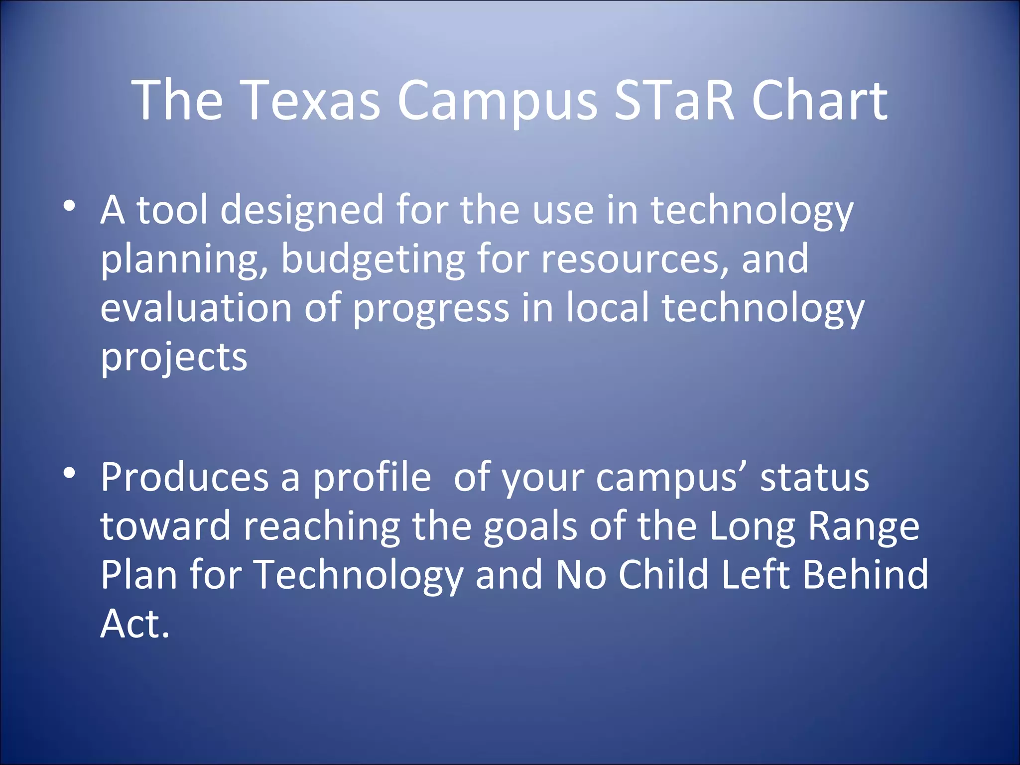 The Texas Campus STaR Chart A tool designed for the use in technology planning, budgeting for resources, and evaluation of progress in local technology projects Produces a profile  of your campus’ status toward reaching the goals of the Long Range Plan for Technology and No Child Left Behind Act. 