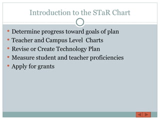 Introduction to the STaR Chart Determine progress toward goals of plan Teacher and Campus Level Charts Revise or Create Technology Plan Measure student and teacher proficiencies Apply for grants