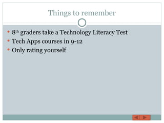 Things to remember 8 th graders take a Technology Literacy Test Tech Apps courses in 9-12 Only rating yourself