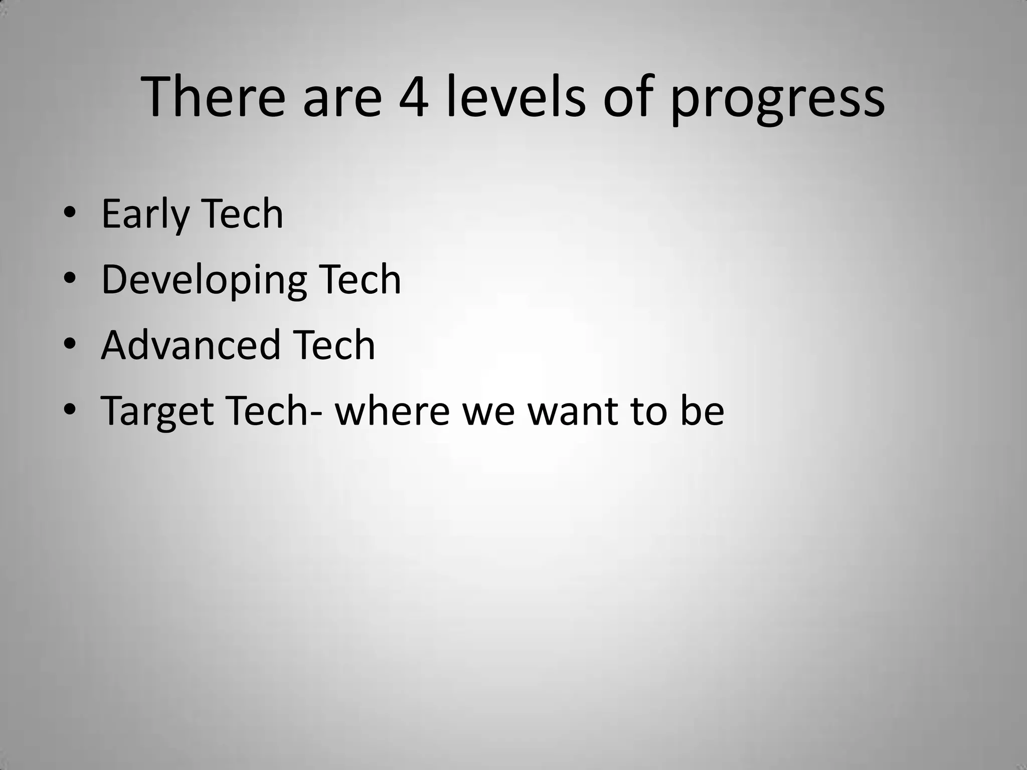 There are 4 levels of progressEarly TechDeveloping TechAdvanced TechTarget Tech- where we want to be