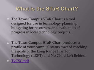 What is the STaR Chart?The Texas Campus STaR Chart is a tool designed for use in technology planning, budgeting for resources, and evaluation of progress in local technology projects.The Texas Campus STaR Chart produces a profile of your campus’ status toward reaching the goals of the Long Range Plan for Technology (LRPT) and No Child Left Behind.TxCSC.pdf