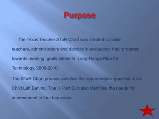 PurposeThe Texas Teacher STaR Chart was created to assist teachers, administrators and districts in evaluating their progress towards meeting goals stated in Long-Range Plan for Technology, 2006-2010.The STaR Chart process satisfies the requirements specified in No Child Left Behind, Title II, Part D. It also identifies the needs for improvement in four key areas..