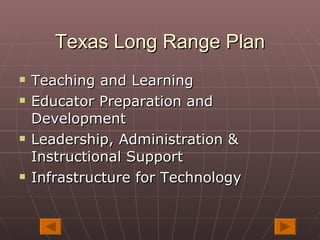 Texas Long Range Plan <ul><li>Teaching and Learning </li></ul><ul><li>Educator Preparation and Development </li></ul><ul><...