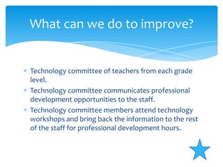 Technology committee of teachers from each grade level.Technology committee communicates professional development opportunities to the staff.Technology committee members attend technology workshops and bring back the information to the rest of the staff for professional development hours.What can we do to improve?