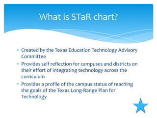 Created by the Texas Education Technology Advisory CommitteeProvides self reflection for campuses and districts on their effort of integrating technology across the curriculumProvides a profile of the campus status of reaching the goals of the Texas Long-Range Plan for TechnologyWhat is STaR chart?