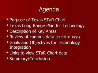 Agenda Purpose of Texas STaR Chart Texas Long Range Plan for Technology Description of Key Areas Review of campus data  (Cardiff Jr. High) Goals and Objectives for Technology Integration Links to view STaR Chart data Summary/Conclusion 