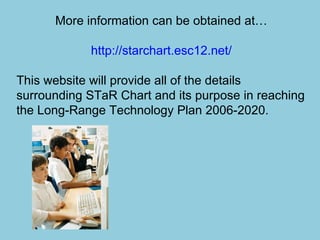 More information can be obtained at… http://starchart.esc12.net/ This website will provide all of the details surrounding STaR Chart and its purpose in reaching the Long-Range Technology Plan 2006-2020. 