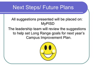 Next Steps/ Future Plans <ul><li>All suggestions presented will be placed on:  MyPISD  </li></ul><ul><li>The leadership te...