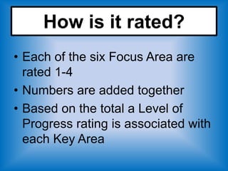How is it rated?
• Each of the six Focus Area are
  rated 1-4
• Numbers are added together
• Based on the total a Level of
  Progress rating is associated with
  each Key Area
 