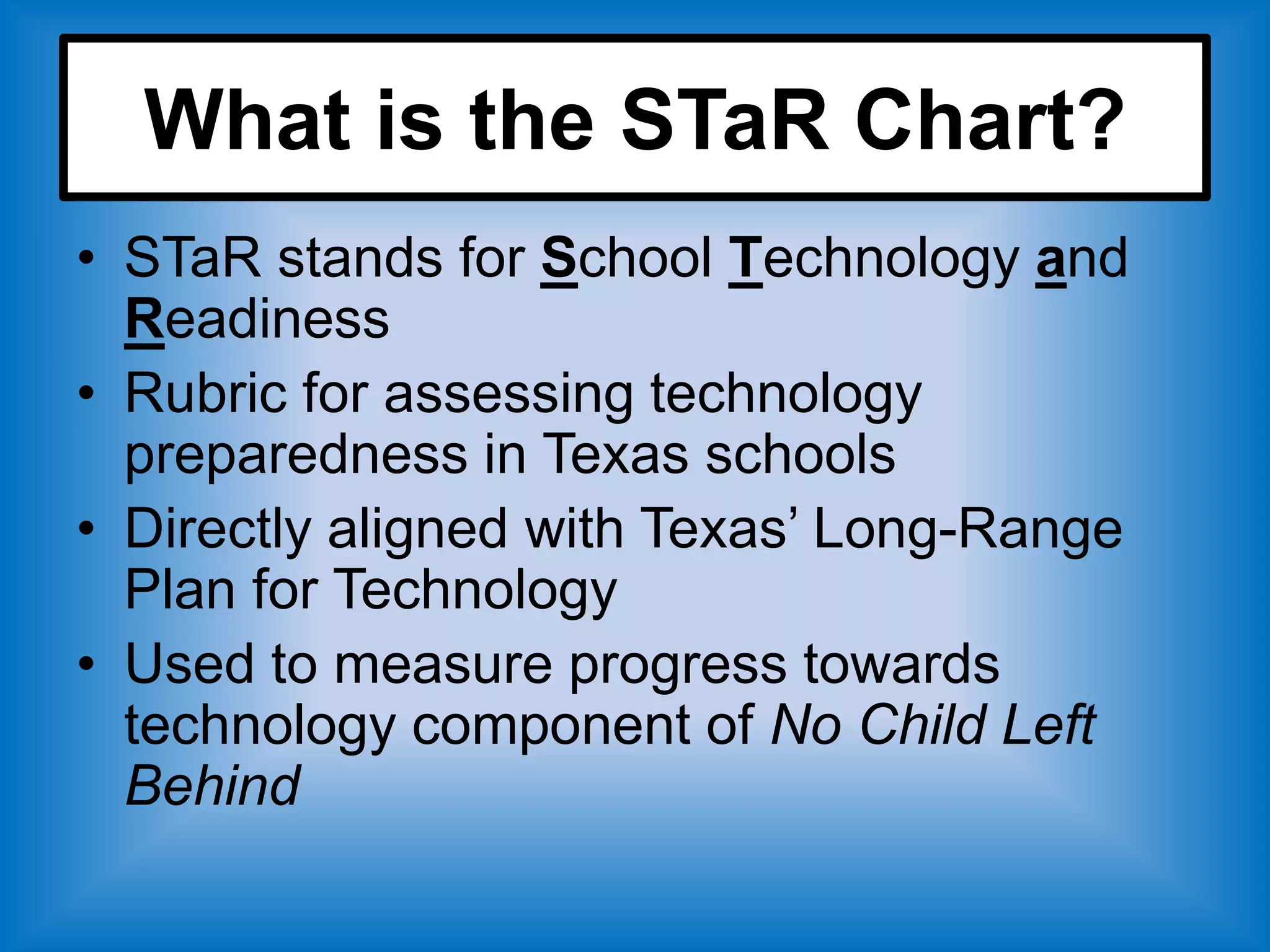 What is the STaR Chart?
• STaR stands for School Technology and
  Readiness
• Rubric for assessing technology
  preparedness in Texas schools
• Directly aligned with Texas’ Long-Range
  Plan for Technology
• Used to measure progress towards
  technology component of No Child Left
  Behind
 