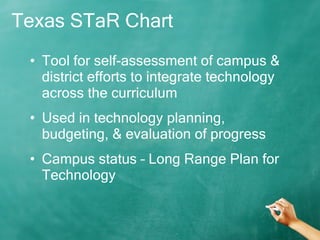 Texas STaR Chart Tool for self-assessment of campus & district efforts to integrate technology across the curriculum Used in technology planning, budgeting, & evaluation of progress Campus status – Long Range Plan for Technology 