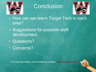Conclusion How can we reach Target Tech in each area? Suggestions for possible staff development. Questions? Concerns? For more information visit the following website:  http://starchart.esc12.net 