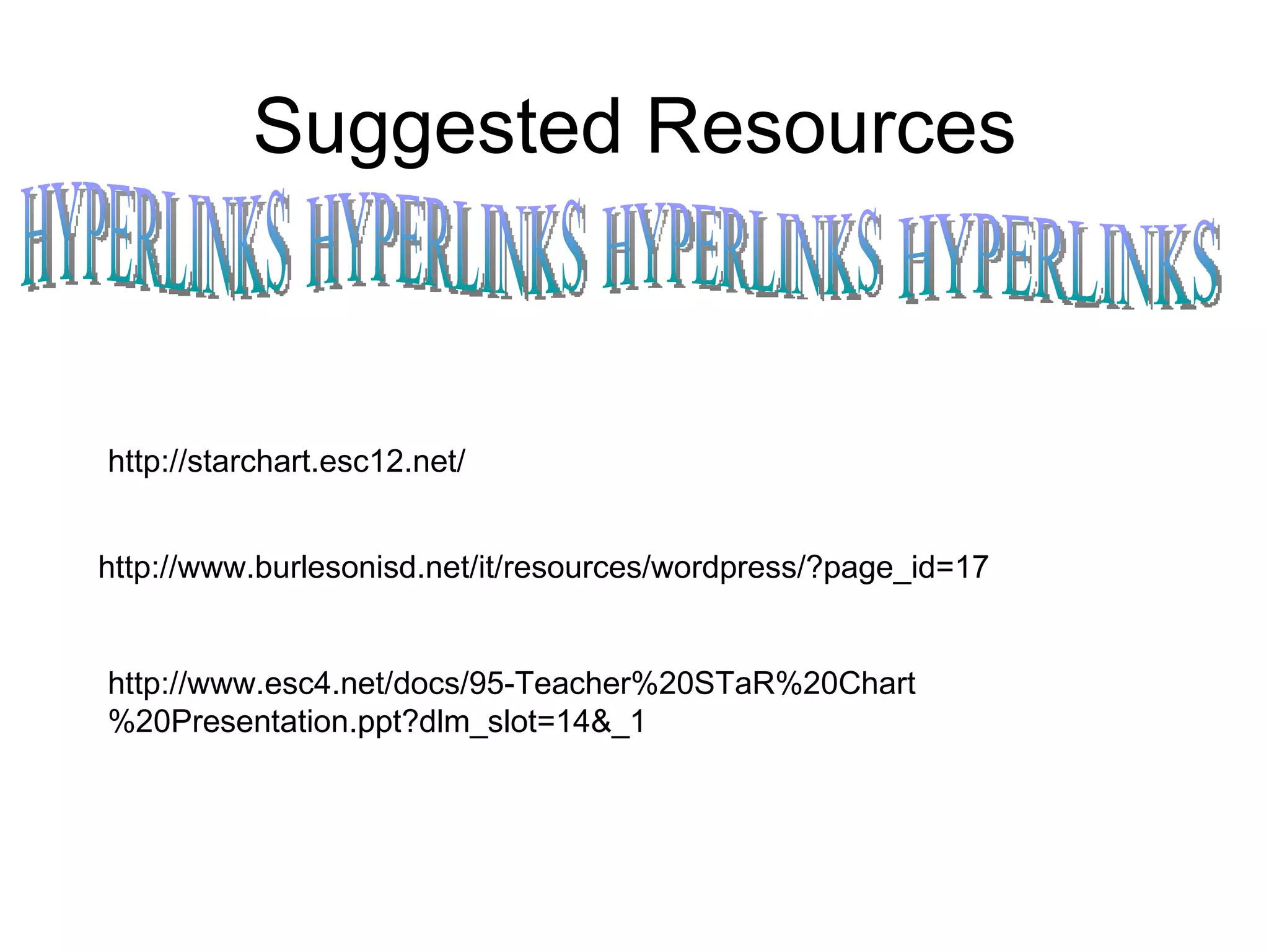 Suggested Resources HYPERLINKS HYPERLINKS HYPERLINKS HYPERLINKS http://starchart.esc12.net/ http://www.burlesonisd.net/it/resources/wordpress/?page_id=17 http://www.esc4.net/docs/95-Teacher%20STaR%20Chart%20Presentation.ppt?dlm_slot=14&_1 