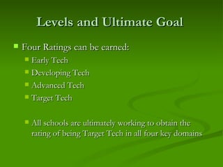 Levels and Ultimate Goal  Four Ratings can be earned:  Early Tech Developing Tech Advanced Tech Target Tech All schools are ultimately working to obtain the rating of being Target Tech in all four key domains 