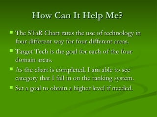 How Can It Help Me?  The STaR Chart rates the use of technology in four different way for four different areas.  Target Tech is the goal for each of the four domain areas.  As the chart is completed, I am able to see category that I fall in on the ranking system.  Set a goal to obtain a higher level if needed.  
