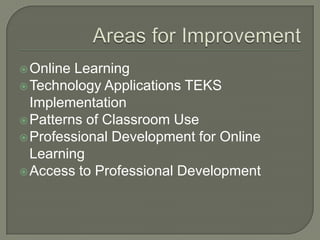  Online Learning
 Technology Applications TEKS
  Implementation
 Patterns of Classroom Use
 Professional Development for Online
  Learning
 Access to Professional Development
 