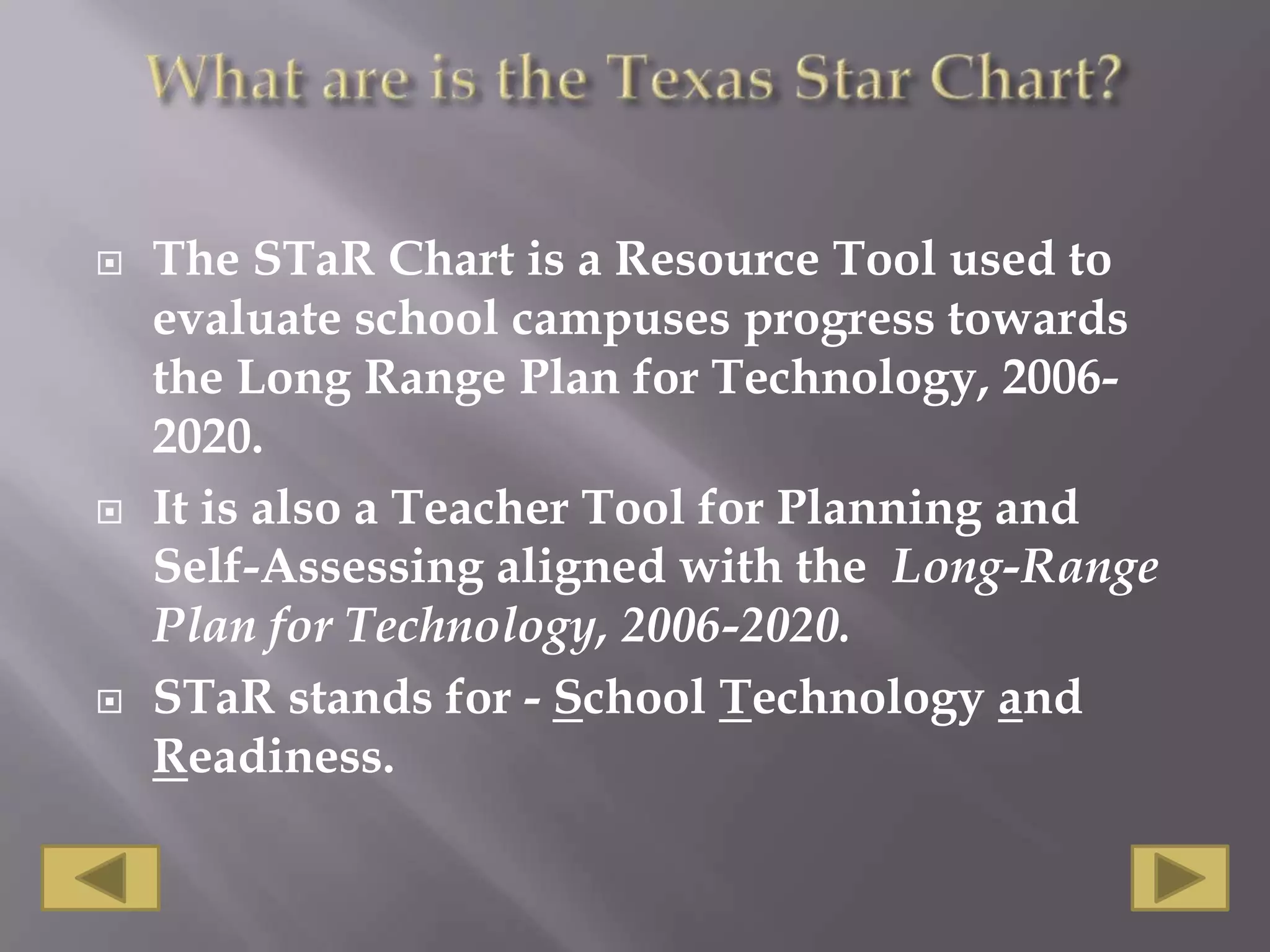 What are is the Texas Star Chart?The STaR Chart is a Resource Tool used to evaluate school campuses progress towards the Long Range Plan for Technology, 2006-2020. It is also a Teacher Tool for Planning and Self-Assessing aligned with the  Long-Range Plan for Technology, 2006-2020.STaR stands for - School Technology and Readiness. 