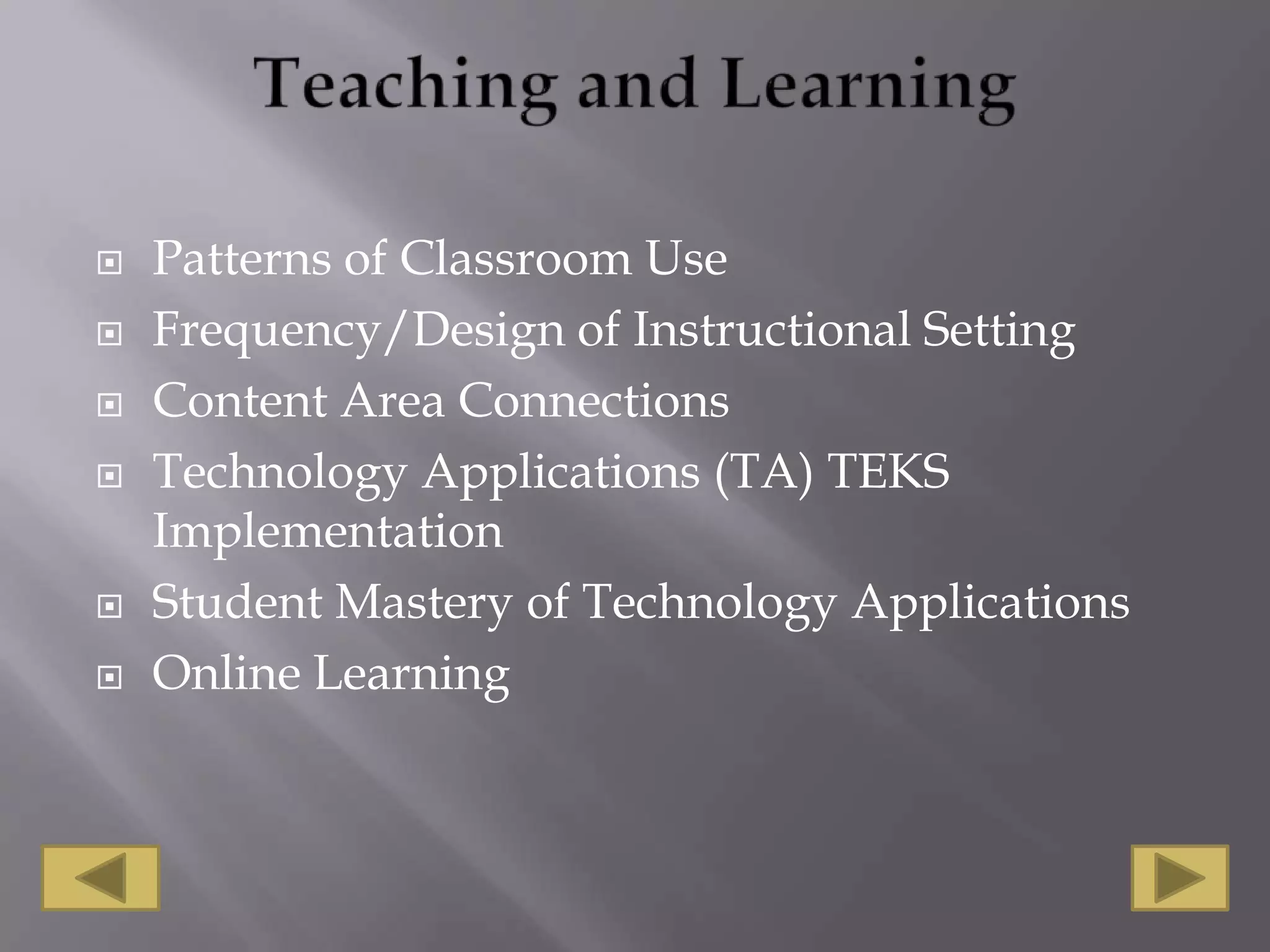 Teaching and LearningPatterns of Classroom UseFrequency/Design of Instructional SettingContent Area ConnectionsTechnology Applications (TA) TEKS ImplementationStudent Mastery of Technology ApplicationsOnline Learning
