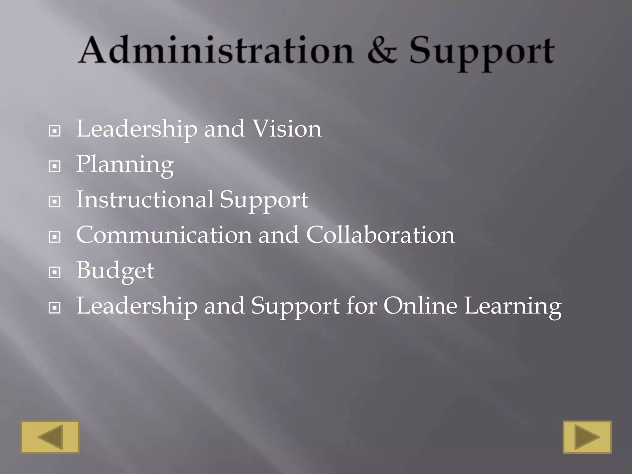 Administration & SupportLeadership and VisionPlanning Instructional SupportCommunication and CollaborationBudget Leadership and Support for Online Learning