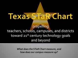 propelling
teachers, schools, campuses, and districts
  toward 21st century technology goals
               and beyond

      What does the STaR Chart measure, and
        how does our campus measure up?
 