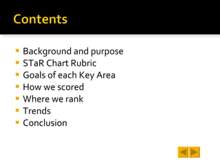 Background and purpose STaR Chart Rubric Goals of each Key Area How we scored Where we rank Trends Conclusion 
