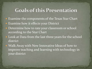 Examine the components of the Texas Star ChartExamine how it effects your DistrictDetermine how to rate your classroom or school according to the Star ChartLook at Data from the last three years for the school districtWalk Away with New Innovative Ideas of how to improve teaching and learning with technology in your districtGoals of this Presentation