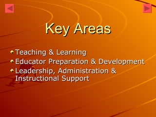 Key Areas Teaching & Learning Educator Preparation & Development Leadership, Administration & Instructional Support 