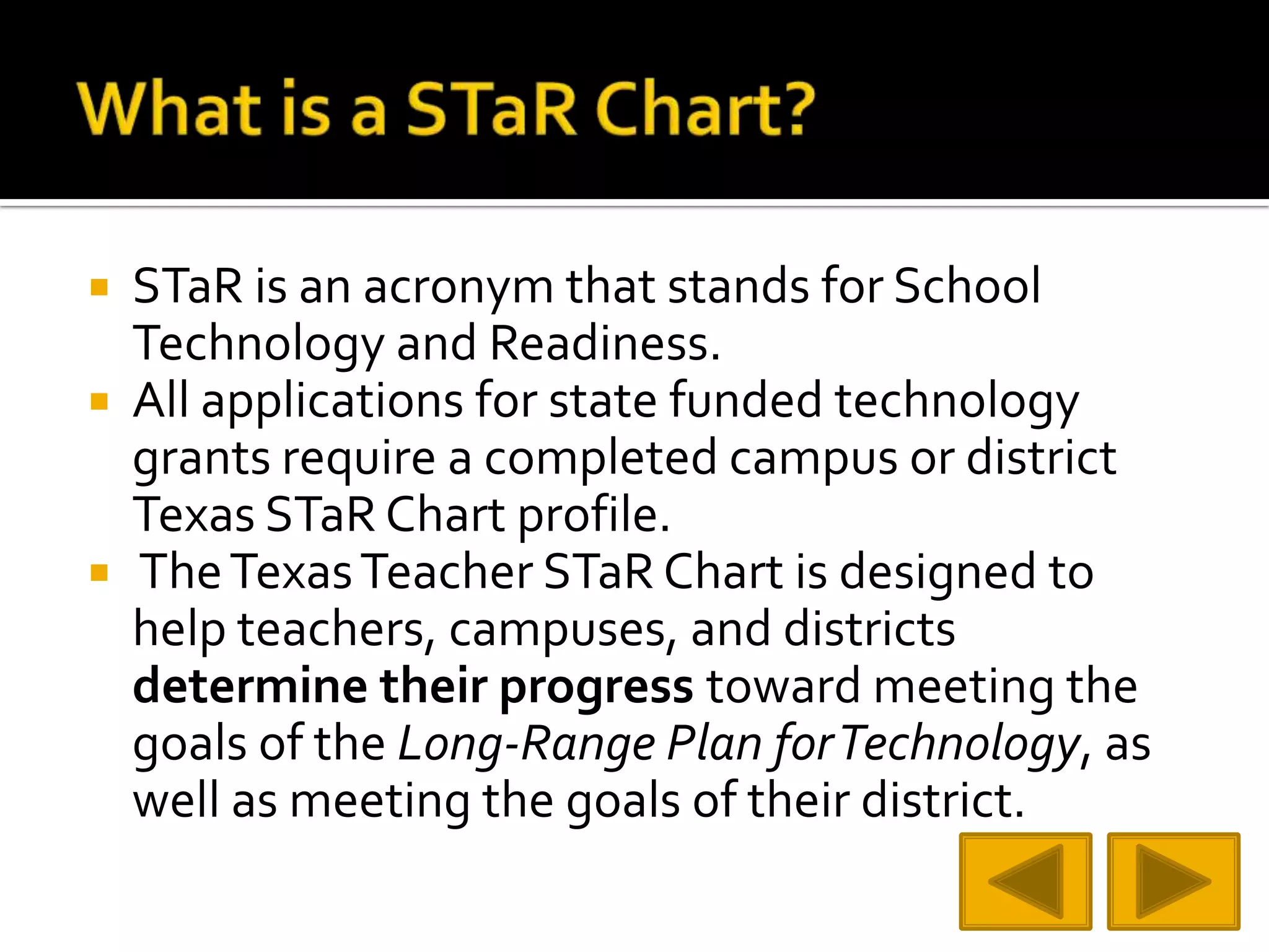 What is a STaR Chart?STaR is an acronym that stands for School Technology and Readiness.All applications for state funded technology grants require a completed campus or district Texas STaR Chart profile. The Texas Teacher STaR Chart is designed to help teachers, campuses, and districts determine their progress toward meeting the goals of the Long-Range Plan for Technology, as well as meeting the goals of their district.