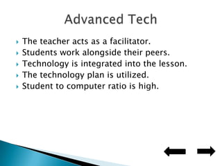 The teacher acts as a facilitator.Students work alongside their peers.Technology is integrated into the lesson.The technology plan is utilized. Student to computer ratio is high.Advanced Tech