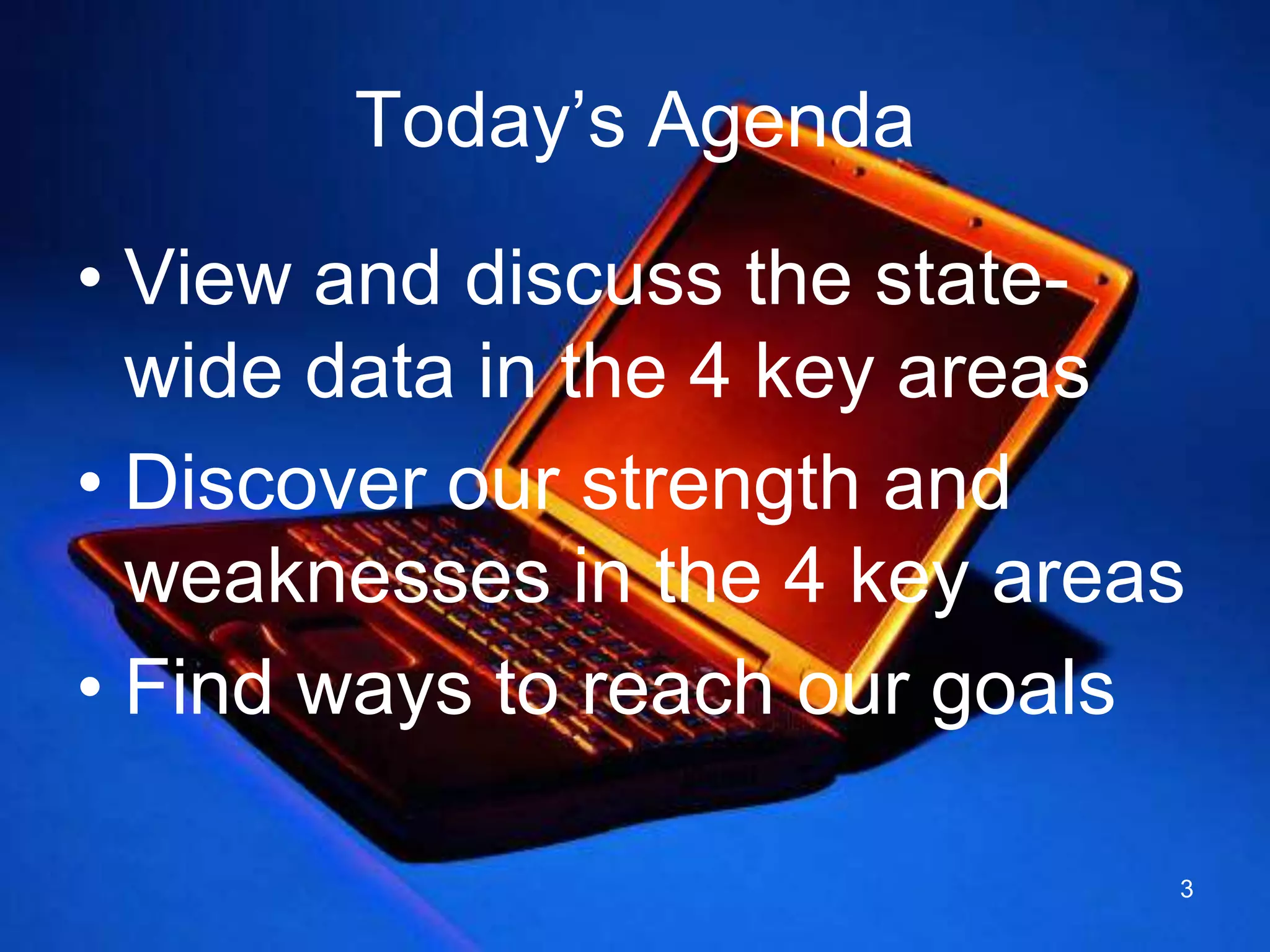 Today’s AgendaView and discuss the state-wide data in the 4 key areasDiscover our strength and weaknesses in the 4 key areasFind ways to reach our goals3