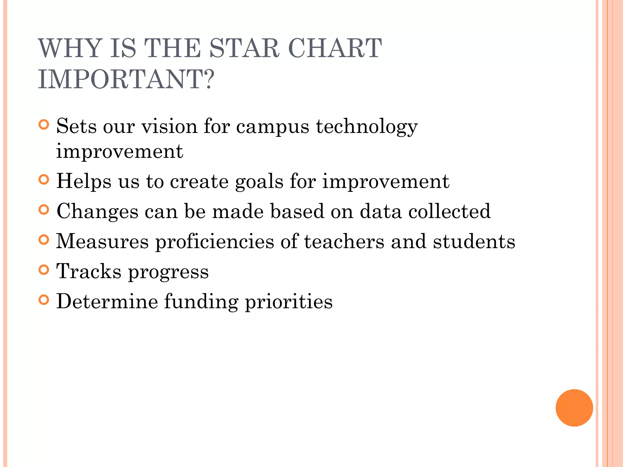 WHY IS THE STAR CHART IMPORTANT? Sets our vision for campus technology improvement Helps us to create goals for improvement Changes can be made based on data collected Measures proficiencies of teachers and students Tracks progress Determine funding priorities 