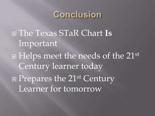 ConclusionThe Texas STaR Chart Is ImportantHelps meet the needs of the 21st Century learner todayPrepares the 21st Century Learner for tomorrow
