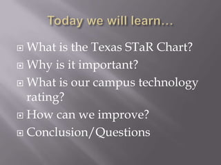 Today we will learn…What is the Texas STaR Chart?Why is it important?What is our campus technology rating?How can we improve?Conclusion/Questions