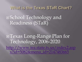 What is the Texas STaR Chart?School Technology and Readiness (STaR)Texas Long-Range Plan for Technology, 2006-2020http://www.tea.state.tx.us/index2.aspx?id=5082&menu_id=2147483665