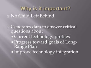 Why is it important?No Child Left BehindGenerates data to answer critical questions aboutCurrent technology profilesProgress toward goals of Long-Range PlanImprove technology integration